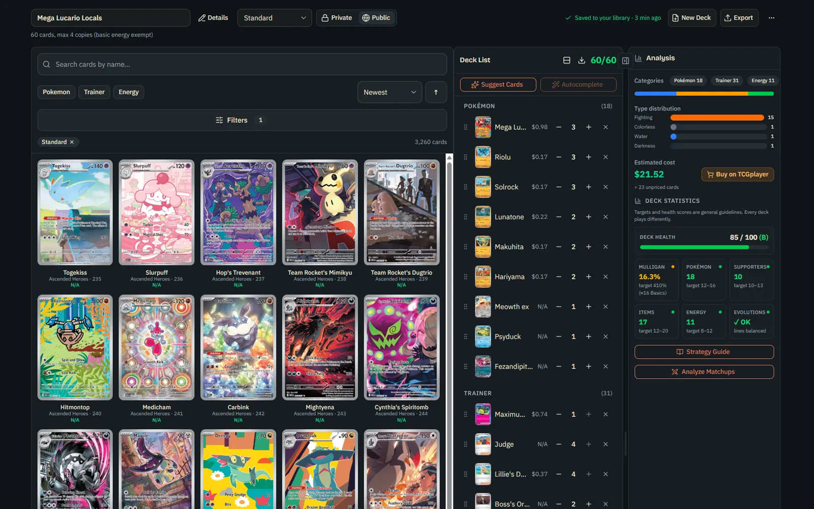 CardForge deck builder showing a Standard-legal deck with the Deck Health Grade panel